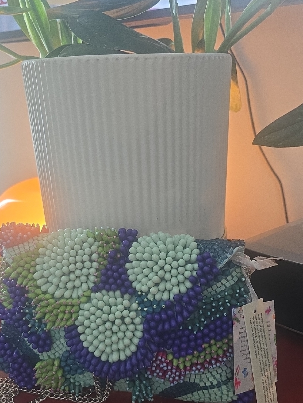 Stunning Beaded Floral Clutch Bag in Mint, Purple & Green